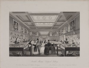Näkymä eläintieteellisestä galleriasta, British Museum, jossa kävijät katselevat näyttelyitä, n. 1850 (kaiverrus) tekijältä Llewellyn (after) Jewitt