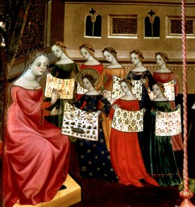 Neitsyt Maria luokkatovereidensa kanssa näyttämässä käsityönäytteitä opettajalleen, yksityiskohta Neitsyt ja Pyhän Yrjön alttaritaulusta, n. 1390-1400 (tempera paneelissa)