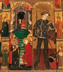 Goottilainen kausi. Neitsyt ja Pyhä Yrjö -alttaritaulu (Sant Jordi), Lluis Borrassa (1360-1426). Puumaalaus. Teos on tehty Barcelonassa vuosina 1390-1400. Yksityiskohta, Marian esittely temppelissä ja Pyhä Yrjö (Sant Jordi / San Jorge) ritarina. Conve tekijältä Lluís Borrassà