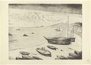 Kahdeksan ankkuroitua laivaa rannalla Les Vaisseaux (alkuperäinen nimi) tekijältä Lodewijk Schelfhout (signed by artist)