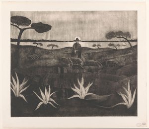 Paimen lammaslauman kanssa mäkisessä maisemassa Le Troupeau (alkuperäinen nimi) tekijältä Lodewijk Schelfhout (signed by artist)