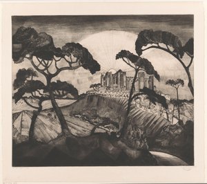 Linna kukkulalla Le Château II (alkuperäinen nimi) tekijältä Lodewijk Schelfhout (signed by artist)