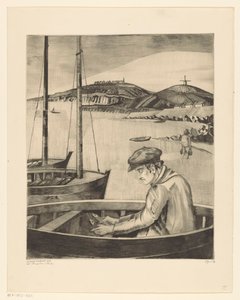 Kalastaja laivassa Le Pecheur (alkuperäinen nimi) tekijältä Lodewijk Schelfhout (signed by artist)