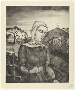 Flanderin maanviljelijä mäkisessä maisemassa Jeune fille Flamande (alkuperäinen nimi) tekijältä Lodewijk Schelfhout (signed by artist)