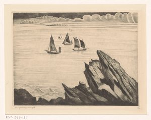 Purjelaivoja Bretonin rannikolla Un soir en Bretagne (alkuperäinen nimi) tekijältä Lodewijk Schelfhout (signed by artist)
