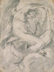 Nymfi (Flora) pilvien keskellä (musta liitu, jossa kanto luonnonvalkoisella paperilla) tekijältä Lodovico Carracci