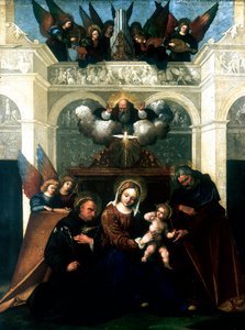 "Pyhä perhe Pyhän Nikolauksen Tolentinon kanssa", 1515-1530 tekijältä Lodovico Mazzolini