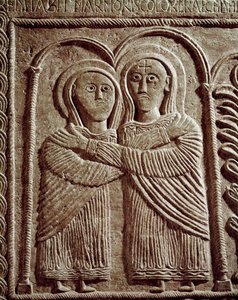 Keskiajan arkeologia (keskiaika). Lombardian barbaaritaide: Visitation, Saint Elizabeth ja Saint Mary. Veistos, Lombard-taide, 737-744. Cividale del Friuli, Chretien-museo, katedraalin aarre