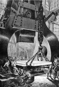 Leon Benettin piirros Jules Vernen kirjasta "Begumin 500 miljoonaa" - painos Hetzel/Extraordinary Voyages 1879. vasararumpali (rumpali) työssä teräsvalimossa.