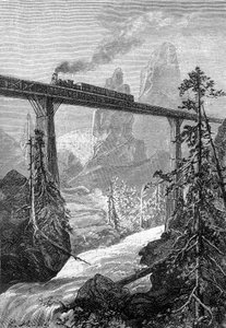Leon Benettin piirros Jules Vernen kirjasta "Begumin 500 miljoonaa" - painos Hetzel/Extraordinary Voyages 1879. Höyryjuna kulkee rohkean sillan yli, vuoristomaisemassa, jossa virtaa joki. tekijältä Léon Benett