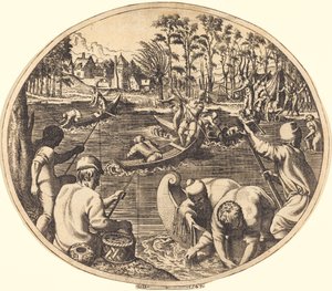 Kalastuskohtaus tekijältä Léon Davent after Francesco Primaticcio