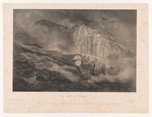 Näkymä Gotthardin solan Paholaisen sillalle Le Pont du Diable, passage du St. Gothard (otsikko esineessä) tekijältä Léon Jean Baptiste Sabatier