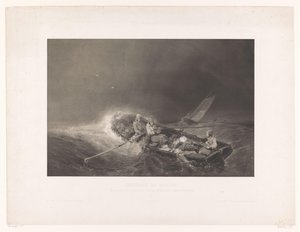 Vissers in een roeiboot op zee Marine gezichten (sarjan nimi) Laivaston maalauksia. Litografoi mezzotintissa L. Sabatier Eug. Isabey (sarjan nimi esineellä) tekijältä Léon Jean Baptiste Sabatier