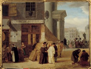 Egide de Minerve, kirjakauppa Liegessä Belgiassa, joka myi vallan tai kirkon kieltämiä kirjoja. Joosef II:n suvaitsevaisuuspolitiikka (1741-1790) suosi tietosanakirjaa. Leonard Defrancen (tai De Francen) maalaus (1735-1806) 1700-luvun Dijon