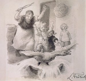 Ruma ankanpoikanen, kuvitus Lorenz Frolich (1820-1908) Hans Christian Andersenin (1805-1875) sadulle.
