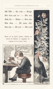 Denis, Velvollisuus, Sormi, Sanakirja, Dicter, Dahlia, Suede, Top, Kalkkuna, Sunnuntai, Piirustus, Illallinen, Jälkiruoka, sivu 17 - Aakkoset, kirjoittanut Mademoiselle Lili, kirjoittanut L. Froelich ja kirjoittanut isä (Hetzel itse). Bibliotheque  Magasin