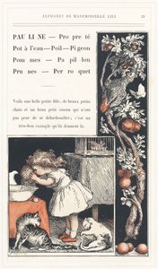 Pauline, Puhdas, Vesipannu, Hiukset, Kyyhkynen, Omenat, Perhonen, Luumut, Papukaija, sivu 29 - Aakkoset neiti Lili, L. Froelich ja isä (Hetzel itse). Bibliotheque  Magasin d