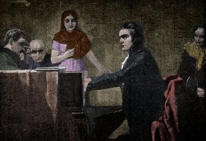 Ludwig van Beethoven soittaa Moonlight-sonaattia - kaiverrus Lorenz Vogelin mukaan - Ludwig van Beethoven (1770-1827), saksalainen muusikko, soittaa sonaattia UT-mollissa (Moonlight - Moonlight) Lorenz Vogelin (1846-1902) maalauksen jälkeen tekijältä Lorenz Vogel