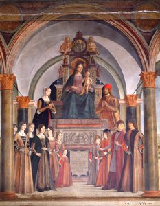 Madonna ja lapsi enkelien kanssa, kirjoittanut Lorenzo Costa (n. 1537-1583), Bentivoglio-kappeli San Giacomo Maggioren kirkossa, Bologna, Italia tekijältä Lorenzo Costa