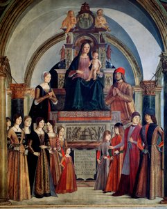 Bentivoglion neitsyt on saanut lapsen Bentivoglio-perheen jäsenten ympäröimänä. Lorenzo Costan (1460-1535) maalaus 1488 Bologna, San Giacomo Maggioren kirkko tekijältä Lorenzo Costa