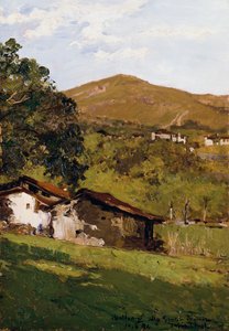 Maalaistalot vehreyden keskellä (Biellan esialpit), Lorenzo Delleani (1840-1908), öljy paneelille, 44,9x30,7 cm
