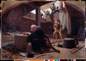 Kolmannelta matkaltaan palaava tutkimusmatkailija ja navigaattori Christopher Columbus (Christopher Columbus, Cristoforo Colombo, Cristobal Colon) (1451-1506) on ketjutettu lastiruumiin