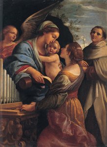 Italian kieli: Madonna lapsen kanssa ja pyhät Cecily ja Albert Madonna lapsen kanssa, pyhä Cecily ja pyhä Albert tekijältä Lorenzo Garbieri
