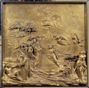 Aadamin elämän historia: Aadamin syntymä, Eevan luominen ja Aadam ja Eeva metsästävät paratiisista. Paratiisin oven alkuperäinen paneeli tekijältä Lorenzo Ghiberti