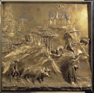 Kainin ja Abelin elämä: uhri, Abelin murha ja Kainin karkottava Jumala. Paratiisin oven alkuperäinen paneeli tekijältä Lorenzo Ghiberti