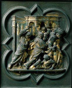 Pohjoinen portti (pohjoisessa Ristin portti), ulkoinen yksityiskohta: ""Jeesus jahtaa kauppiaita temppelistä""" Lorenzo Ghibertin (1378-1455) tekemä pronssiveistos tekijältä Lorenzo Ghiberti