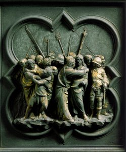Pohjoinen portti (pohjoisessa Ristin portti), ulkoinen yksityiskohta: "" Juudaksen suudelma"" Lorenzo Ghibertin (1378-1455) tekemä pronssiveistos tekijältä Lorenzo Ghiberti