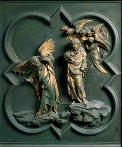 Pohjoinen portti (kutsutaan Ristin portiksi, pohjoisessa), ulkoinen yksityiskohta: "" Kristuksen kiusaus"" Lorenzo Ghibertin (1378-1455) tekemä pronssiveistos tekijältä Lorenzo Ghiberti