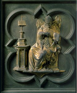 Pohjoinen portti (nimeltään Ristin portti, pohjoisessa), ulkopuoli: Pyhä Augustinus. Lorenzo Ghibertin (1378-1455) tekemä pronssiveistos tekijältä Lorenzo Ghiberti