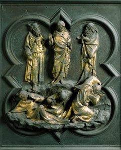 North Porte (pohjoisessa Ristin portti), ulkoinen yksityiskohta: "" Kirkastus"" Pronssiveistos, Lorenzo Ghiberti (1378-1455) tekijältä Lorenzo Ghiberti