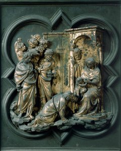 North Porte (nimeltään Ristin portti, pohjoisessa), ulkopuoli: Maagien palvonta. Lorenzo Ghibertin (1378-1455) tekemä pronssiveistos tekijältä Lorenzo Ghiberti