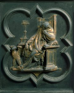 North Porte (nimeltään Ristin portti, pohjoisessa), ulkopuoli: Pyhän Johanneksen evankelista. Lorenzo Ghibertin (1378-1455) tekemä pronssiveistos tekijältä Lorenzo Ghiberti