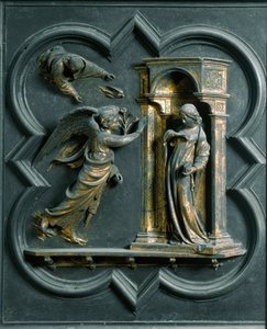 Pohjoisportti (pohjoispuolella oleva ristin portti), ulkoasun yksityiskohta: Marian ilmestys. Lorenzo Ghibertin (1378-1455) pronssiveistos. tekijältä Lorenzo Ghiberti