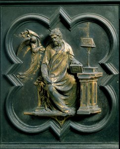 North Porte (nimeltään Porte de la Croix, pohjoisessa), ulkopuoli: Saint Mathieu. Lorenzo Ghibertin (1378-1455) tekemä pronssiveistos tekijältä Lorenzo Ghiberti