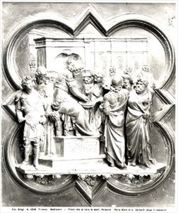 Pontius Pilatus pesee käsiään, kohokuvio kastehuoneen ovista, n. 1403 (kullattua pronssia) (m/v kuva) tekijältä Lorenzo Ghiberti
