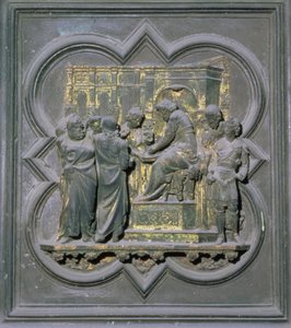 Pontius Pilatus pesee kätensä Kristuksen edessä, San Giovannin kastekappelin pohjoisten ovien kuudestoista paneeli, 1403-24 (pronssi)
