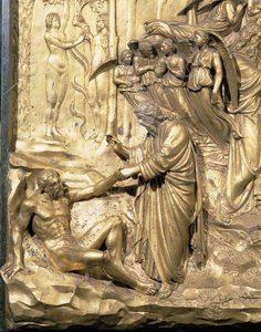 Aatamin tarina, yksityiskohta Aatamin luomisesta sekä Aatamin ja Eevan kiusauksesta, yhdestä kastekappelin itäovien alkuperäisestä taulusta, 1425-52, kullattu pronssi, restauroinnin jälkeen.