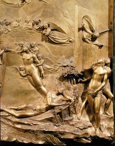 Aadamin tarina, yksityiskohta Eevan luomisesta ja karkoituksesta, yhdestä alkuperäisistä kastekappelin East Doors -paneeleista tekijältä Lorenzo Ghiberti