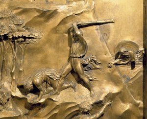 Kainin ja Aabelin tarina, yksityiskohta Aabelin tappamisesta, alkuperäinen paneeli kastekappelin itäovista, 1425-52, kullattu pronssi, restauroinnin jälkeen.