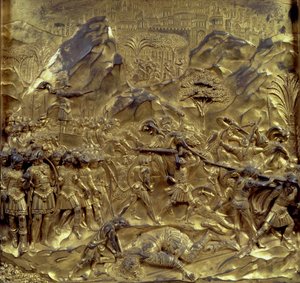 Daavidin ja Goljatin tarina, yksi kymmenestä paratiisin porttien kohokuviopaneelista (itäovet), 1425-52 (kullattua pronssia) (katso myös 87652-59 ja 87661-67)