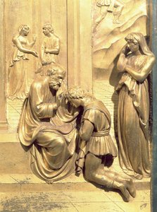 Jaakobin ja Eesaun tarina, yksityiskohta Iisak siunaa Jaakobia, alkuperäisestä paneelista kastekappelin itäovista, 1425-52, kullattu pronssi, restauroinnin jälkeinen restaurointi