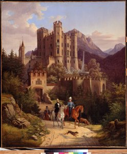Le Prince couronne Maximilien a cheval, Hohenschwangau (kruununprinssi Maximilian ratsastaa Hohenschwangaussa). Maximilian II Baijerilainen (1811-1864) Hohenschwangaun linnansa edessä Baijerissa (Saksa). Lorenzo II Quaglion (1793-1869) maalaus tekijältä Lorenzo II Quaglio