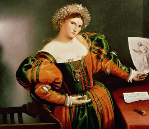 Nainen piirustuksen kanssa Lucretiasta, n. 1530-33 (öljy kankaalle siirretty puusta) tekijältä Lorenzo Lotto