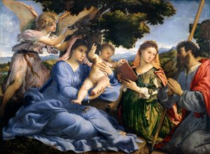 Madonna ja lapsi pyhien Katariina Aleksandrialaisen ja Thomasin välillä, Lorenzo Lotto (1480-1556), öljy kankaalle