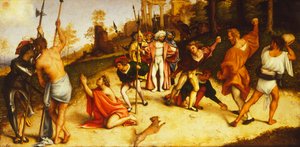 Pyhän Tapanin marttyyrikuolema, Lorenzo Lotto (1480 noin 1556) Martinengon alttaritaulun jako, öljytaulu, 51x97 cm, noin 1516 tekijältä Lorenzo Lotto