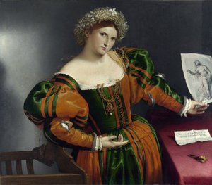 Porträt einer Venezianerin ja Lucrezia tekijältä Lorenzo Lotto